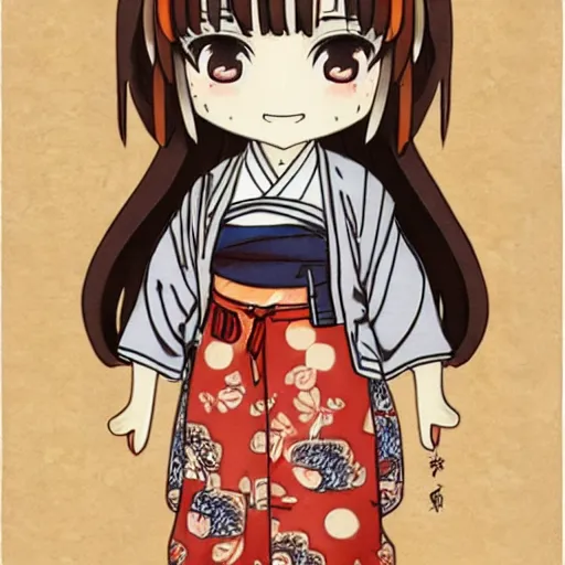 Image similar to character face concept art of a singular kawaii chibi in the sytle of japanese wood print, on simple background, water color nendoroid, anime waifu, ukiyoe