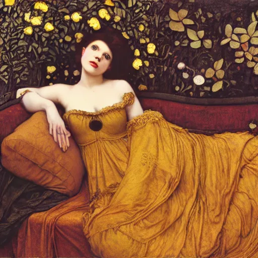 Prompt: preraphaelite photography reclining on bed, a hybrid of judy garland and a hybrid of lady gaga and katie holmes, aged 2 5, big brown fringe, wide shot, yellow ochre ornate medieval dress, john william waterhouse, kilian eng, rosetti, john everett millais, william holman hunt, william morris, 4 k