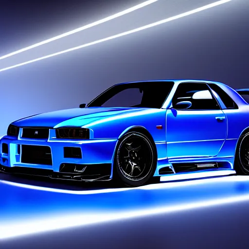 Prompt: electric blue R34 skyline, photography, 4k, volumetric lighting