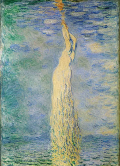 Image similar to long female dress abandoned on the bottom of the sea, art by claude monet