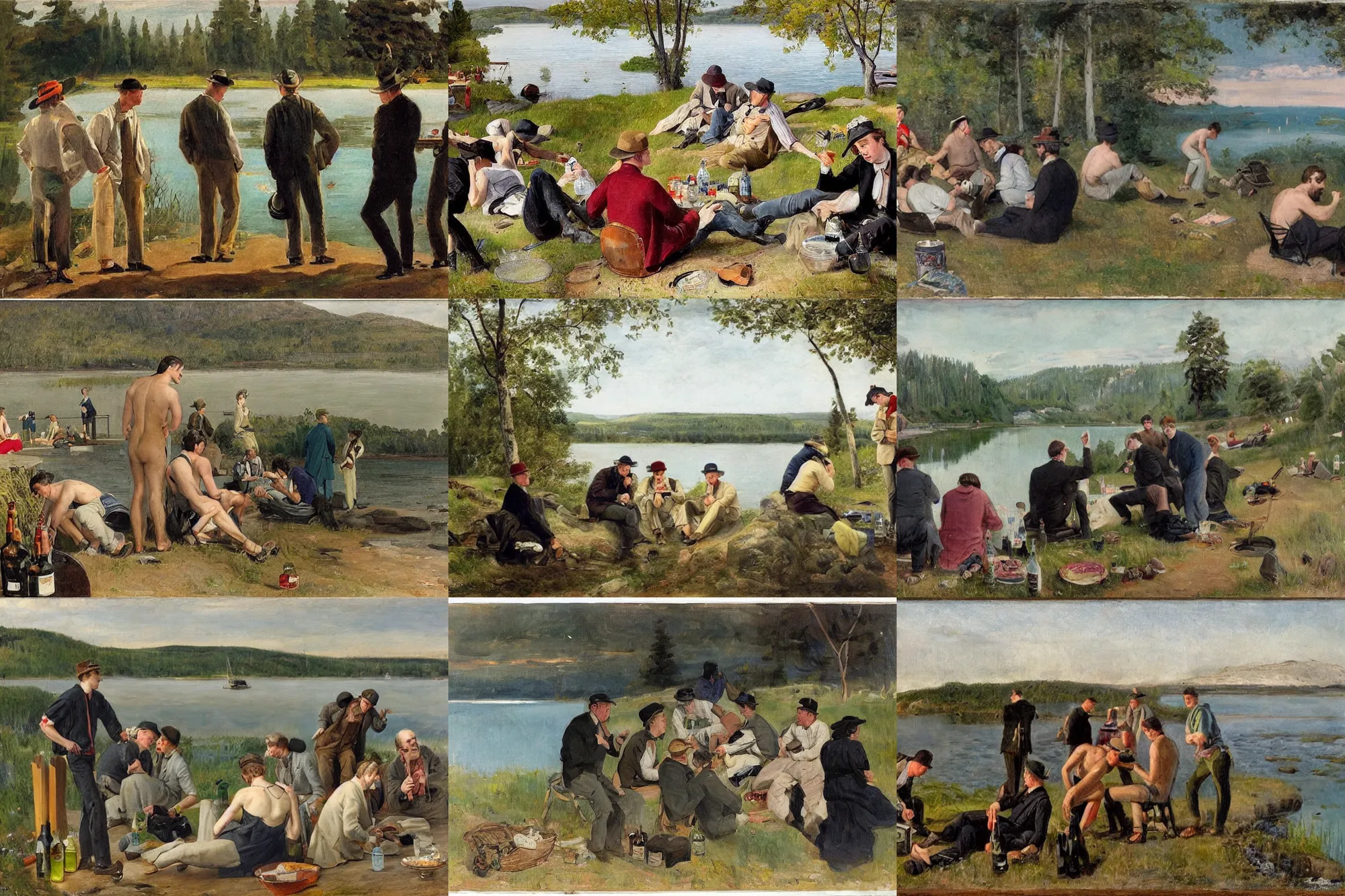 Prompt: mid - thirties guys binge drinking in front of a lake, in the style of fanny brate