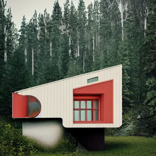 Image similar to wes anderson style modern futuristic house near the lake and forest, cinematic, realism, photo, highly details