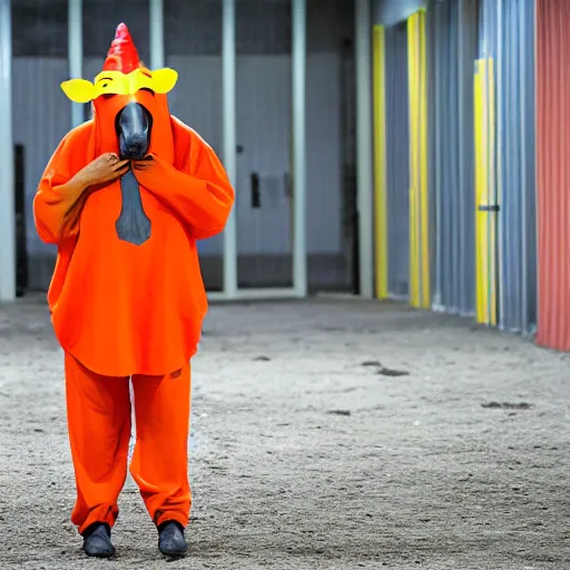 Image similar to inmate wearing horse head with orange clothes