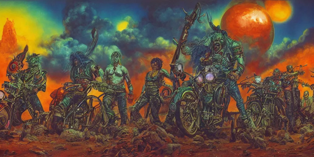 Prompt: psychedelic post apocalyptic orcish biker gang, sharp focus, psychedelic colors, boris vallejo, michael whelan, 8 k, epic scifi fantasy art