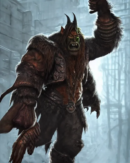 Prompt: A full body shot of a handsome orc looking into the camera wearing a leather fur jacket and boots, full body shot, detailed face, artstation, realistic, highly detailed, symmetrical, hyper realistic, dynamic pose, high detail, octane render, unreal engine, 8k, fantasy art, highly detailed, concept art, art by greg rutkowski