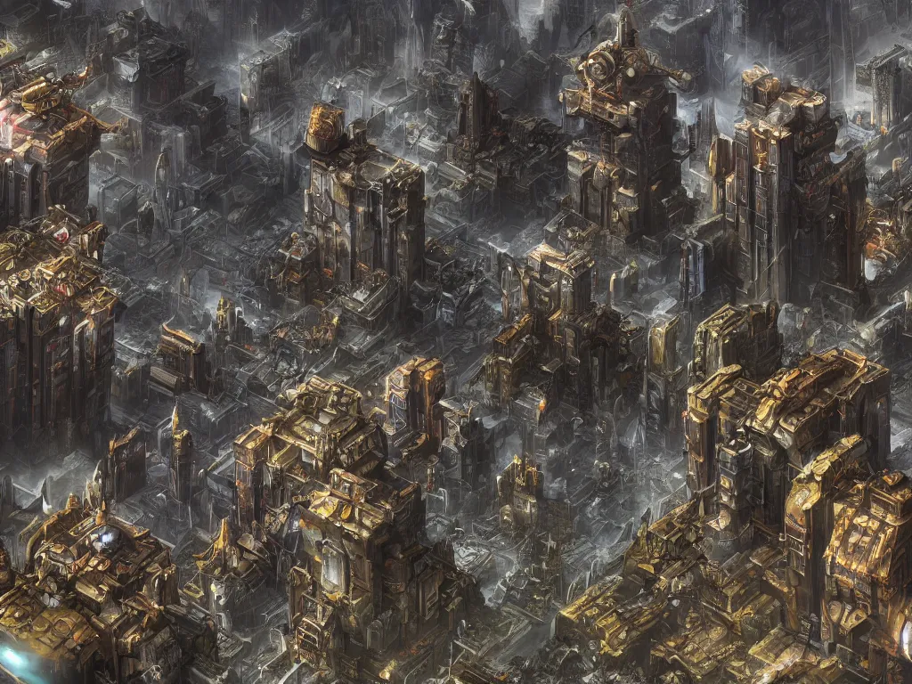 Image similar to A matte painting of a warhammer 40k hive city,featured on ArtStation, realistic colors,Super wide angle,viewed from afar,Geometrically realistic