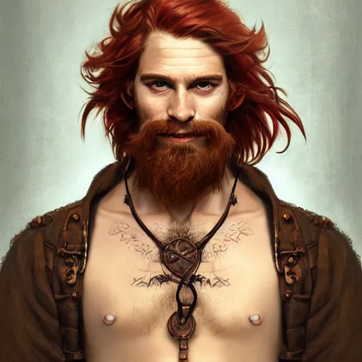 Image similar to portrait of a young ruggedly handsome but joyful pirate, male, masculine, upper body, red hair, long hair, d & d, fantasy, roguish smirk, intricate, elegant, highly detailed, digital painting, artstation, concept art, matte, sharp focus, illustration, art by artgerm and greg rutkowski and alphonse mucha