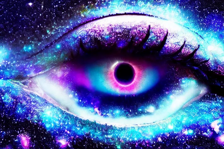 Image similar to a galaxy is inside of an eye, beautiful eye, eye, eye of a woman, realistic, ultra realistic, macro photo, beautiful, digital art, conceptual art, trending on artstation