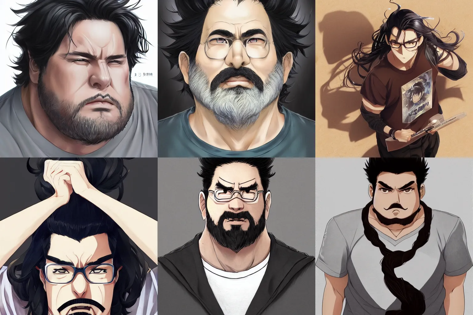 Prompt: An anime portrait of a large man with very short wavy black hair, brown eyes, short light grey whiskers, no glasses, wearing a t-shirt, medium shot, by Stanley Artgerm Lau, WLOP, Rossdraws, James Jean, Andrei Riabovitchev, Marc Simonetti, and Sakimi chan, trending on artstation