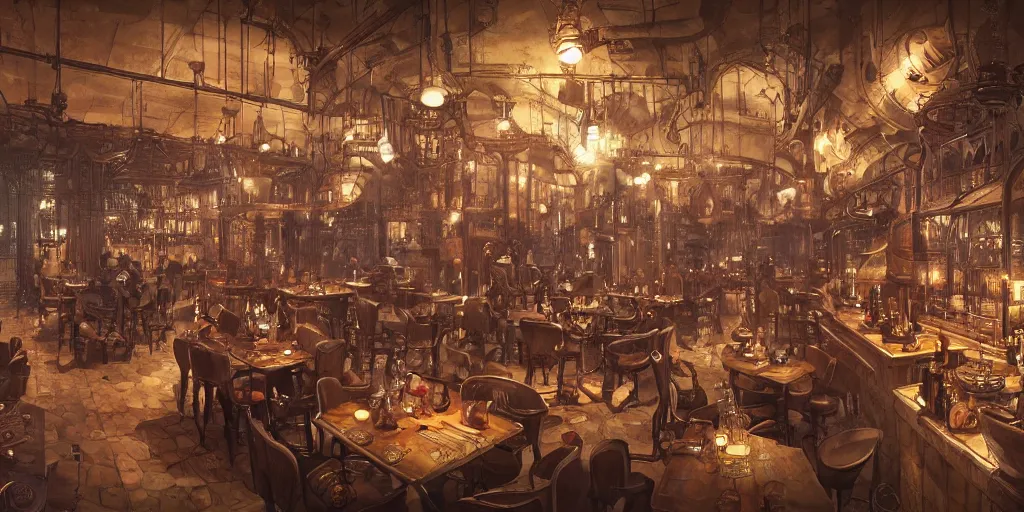 Prompt: Steampunk restaurant overview mapa design, Moebius, Greg Rutkowski, Zabrocki, Karlkka, Jayison Devadas, Phuoc Quan, trending on Artstation, 8K, ultra wide angle, pincushion lens effect