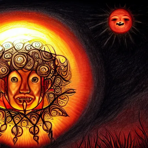 Image similar to a drawing of a person with a sun above them, an illustration of by h. p. lovecraft, deviantart, samikshavad, lovecraftian, logo, wiccan