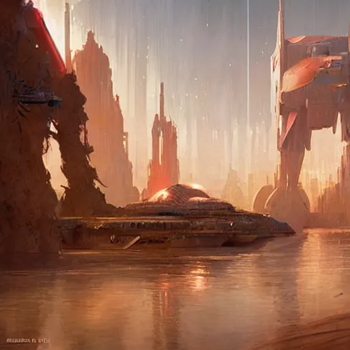 Image similar to star wars concept art of naboo by greg rutkowski, sharp foccus, cinematic ilumination, nostalgic atmosphere.