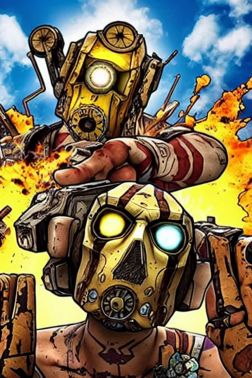 Image similar to borderlands 2 claptrap in the centre of the frame with borderlands 2 backdrop