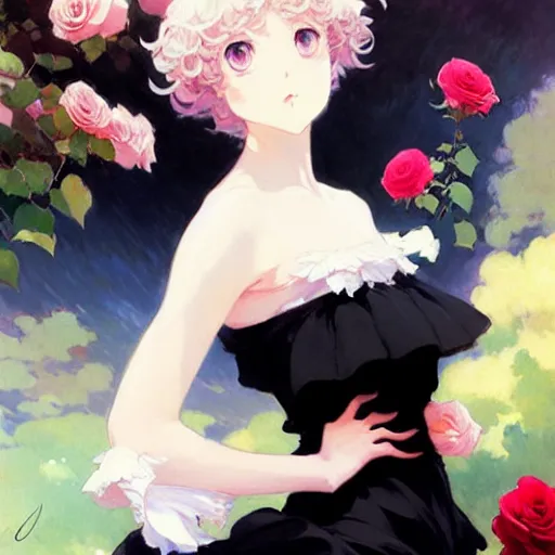 Prompt: beautiful rose anime white - hair girl in elegent black dress, laying on roses, krenz cushart, mucha, ghibli, by joaquin sorolla rhads leyendecker, by ohara koson