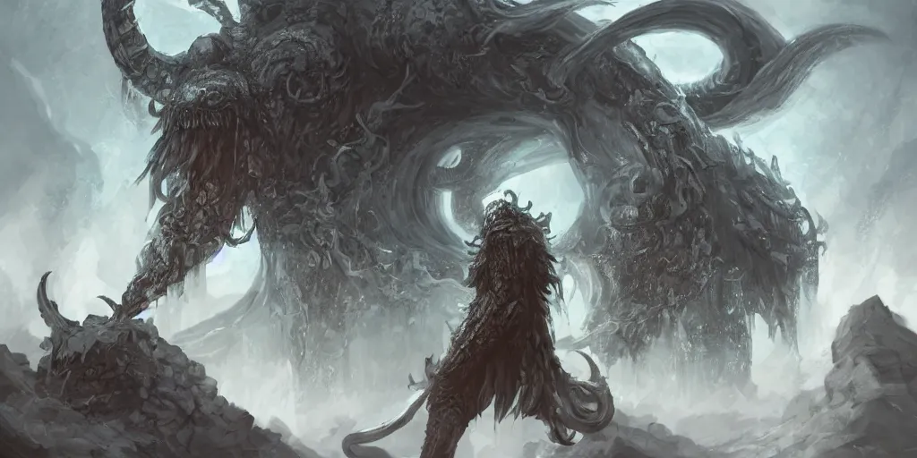 Image similar to a giant kraken as a dark souls final boss, concept art, digital painting, trending on arstation