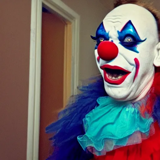 Image similar to hidden camera footage of terrifying clown in a bedroom