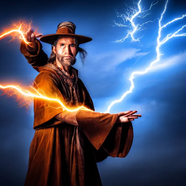 Prompt: photo of a sorcerer with lightning powers, highly detailed, 4 k, hdr, smooth, sharp focus, high resolution, award - winning photo