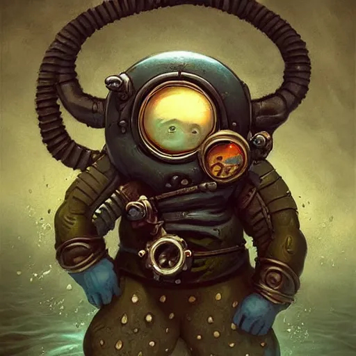 Image similar to evil AmongUs impostor anthropomorphic deep sea diver, tiny, small DnD character art portrait, matte fantasy painting, DeviantArt Artstation, by Jason Felix by Steve Argyle by Tyler Jacobson by Peter Mohrbacher, cinema