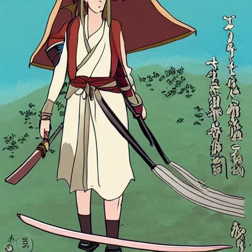 Image similar to emma watson, epic, samurai, in the style of Studio Ghibli, Hayao Miyazak