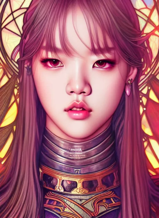 Prompt: lalisa manoban of blackpink, knight armor, tarot card, highly detailed, digital painting, smooth, sharp focus, illustration, ultra realistic, 8 k, art by artgerm and alphonse mucha