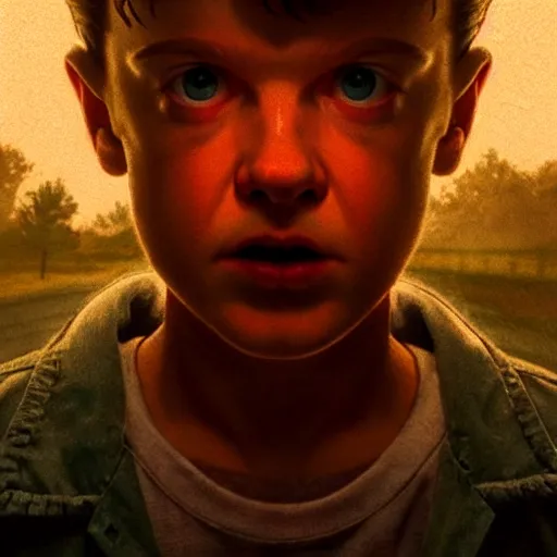 Image similar to a scene from stranger things, portrait, dark, with a surprised man, detailed face, with something scary in the background, like greg rutkowski and victo nagi