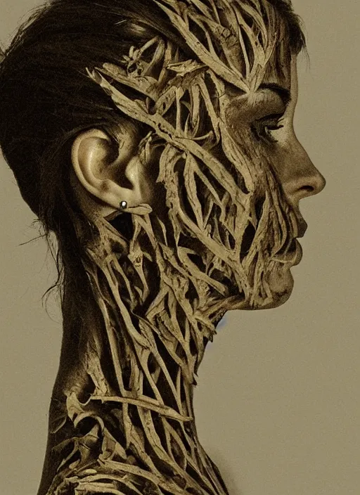 Image similar to a woman's face in profile, made of leaf skeleton, in the style of the Dutch masters and Gregory Crewdson, dark and moody