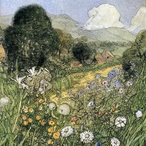 Image similar to Flowery field with extravagant nature flowers, trees, animals, bunnies, rats, sunny day beautiful artwork detailed painting by Anton Pieck by Beatrix Potter