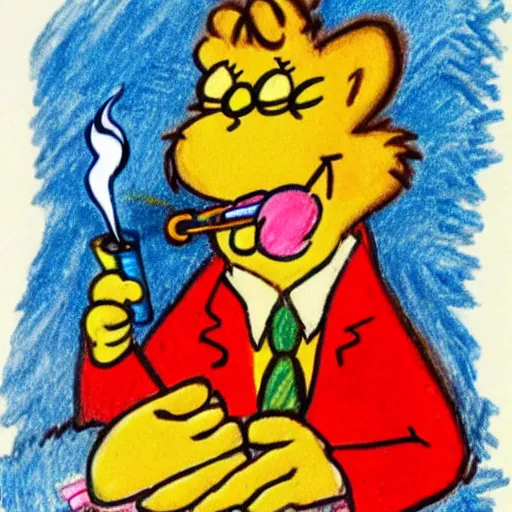 Prompt: Garfield smoking a pipe, drawn by a 5 year old with crayons