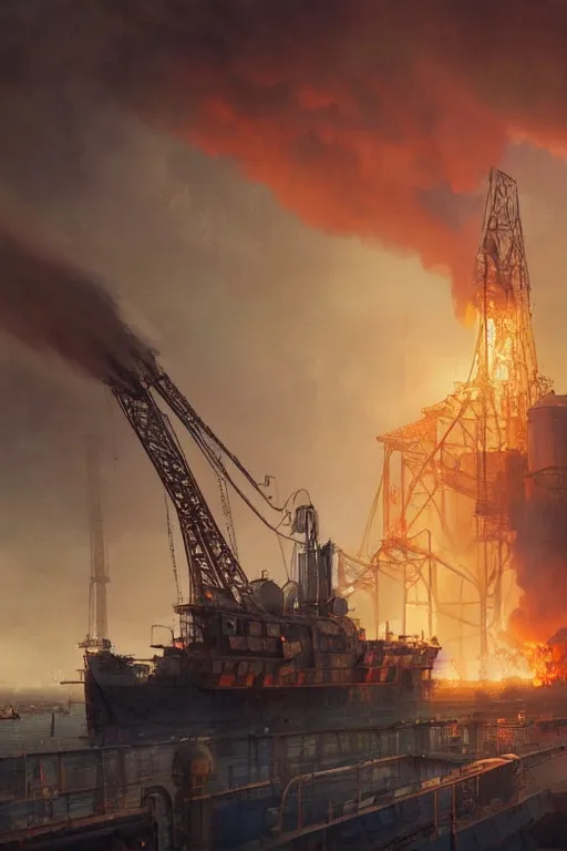 Image similar to a highly detailed matte painting of a soviet steampunk oil rig on fire at night by studio ghibli, makoto shinkai, by artgerm, by wlop, by greg rutkowski, volumetric lighting, octane render, 4 k resolution, trending on artstation, masterpiece