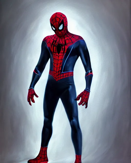 Image similar to hybrid of a stealth suit and spider - man, photorealistic oil painting, hyperdetailed, realistic