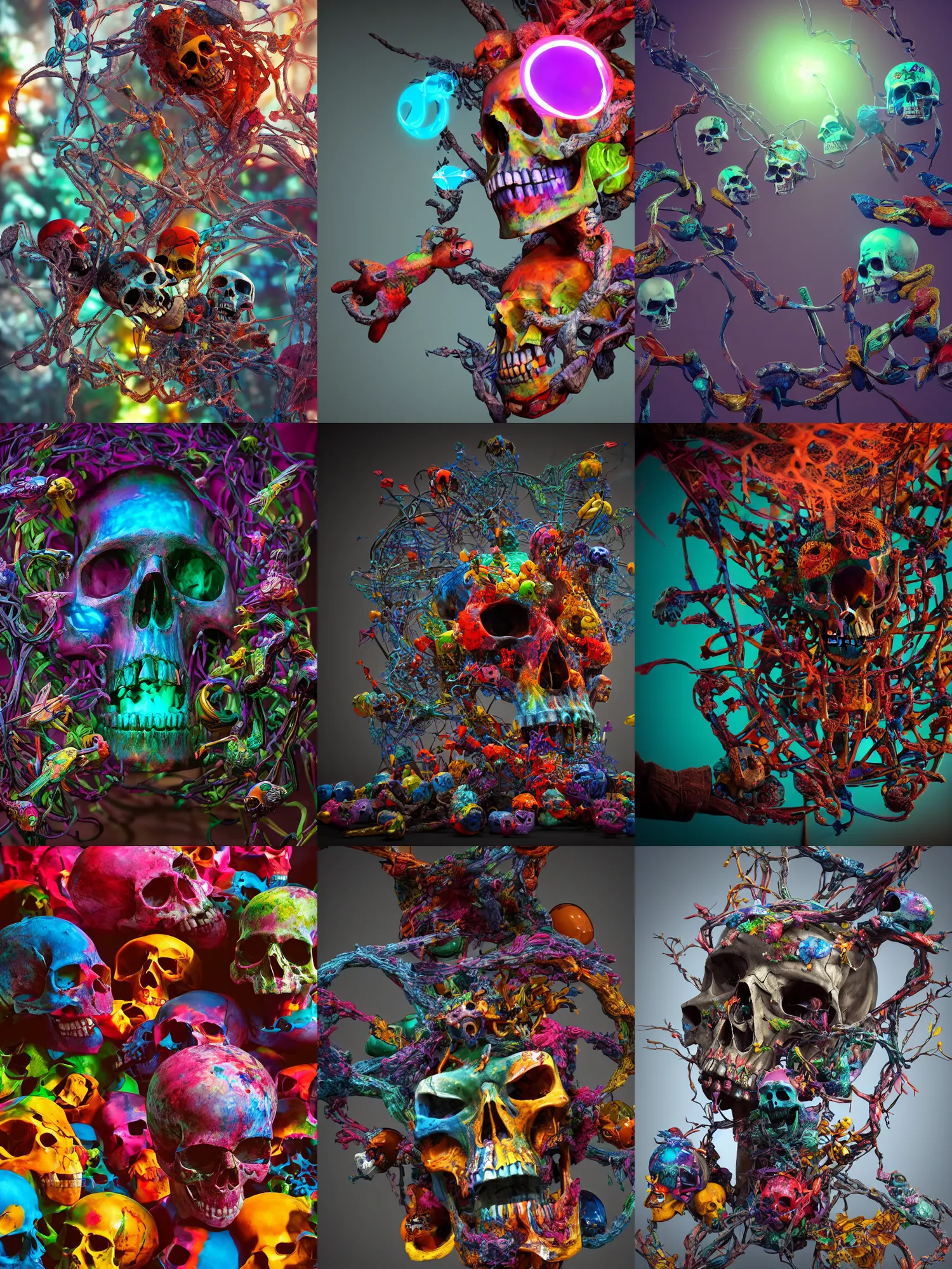 Prompt: colorful art sculpture of skulls and web and bird, gallery, glass, cinematic lighting, extreme details, unreal engine, 8k, masterpiece