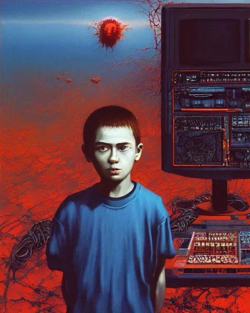 Image similar to 8k professional photo of an 8 years old boy standing in front of a computer from 90s with a game doom2 at the monitor screen, Beksinski impasto painting, part by Adrian Ghenie and Gerhard Richter. art by Takato Yamamoto, masterpiece