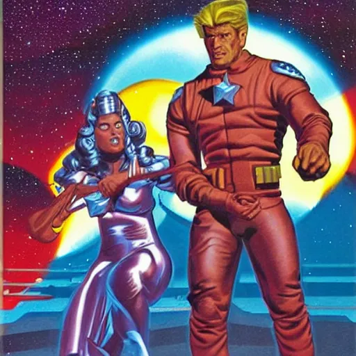 Prompt: very beautiful intergalactic space princess and a handsome star Warrior standing together. Action. Hero pose. Cosmic. Sci-fi. Science fiction pulp by Greg Hildebrandt.