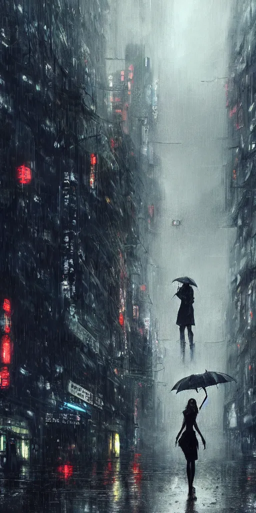 Image similar to a concept art landscape of a woman in the foreground, back to camera, standing in a claustrophobic neotokyo city, standing in the rain with an umbrella, wet, emphasis on tall buildings, dirty, low angle, neotokyo, japanese by greg rutkowski, highly detailed background, intricate