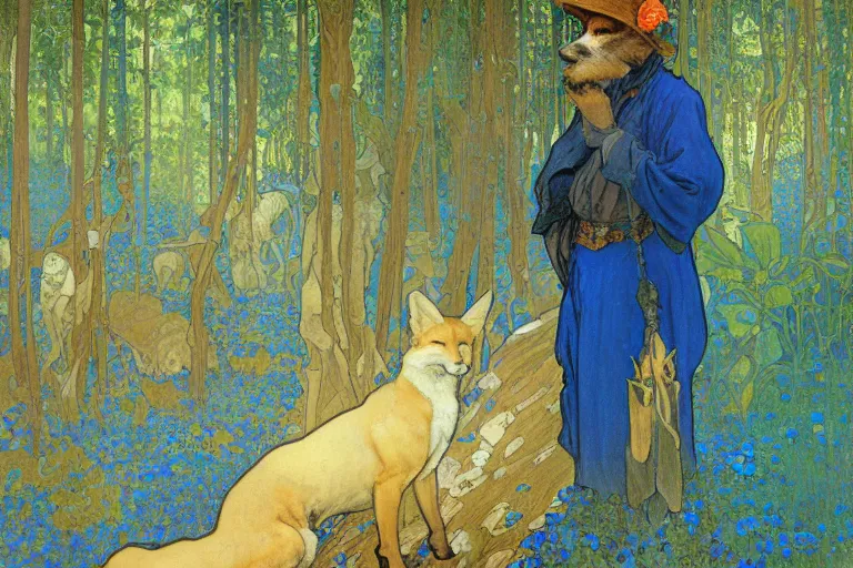 Prompt: landscape art nouveau painting of an old man dressed as a farmer and his fox in the forest, by alphonse mucha and gustav klimt and antoni gaudi, masterpiece,, warm shades of blue, silver, orange, gold, and pink, oil painting, high resolution, very detailed, oil on canvas