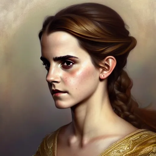 Image similar to emma watson portrait of ottoman sultan gog, female, clear face, symetrical, masculine, full body, 4 k, fantasy, intricate, elegant, highly detailed, digital painting, artstation, concept art, matte, sharp focus, illustration, art by artgerm and greg rutkowski and alphonse mucha