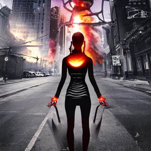 Prompt: a sci - fi woman on a city, city on fire, giant, photoshop, creative and cool, photo manipulation
