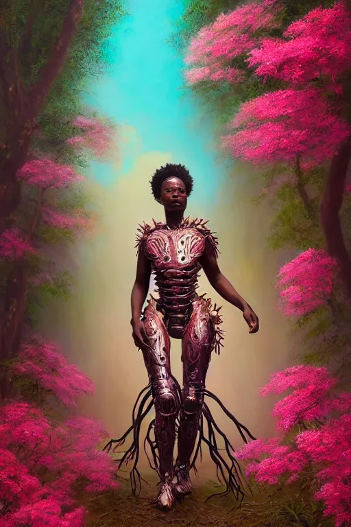 Image similar to hyperrealistic post - renaissance cinematic super expressive! yoruba goddess with exoskeleton armor, merging with tree in a forest, pink orange flowers, highly detailed digital art masterpiece, smooth cam de leon eric zener dramatic pearlescent soft teal light, ground angle hd 8 k, sharp focus