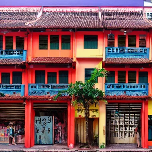 Prompt: a row of shophouses in singapore, art by satoshi kon