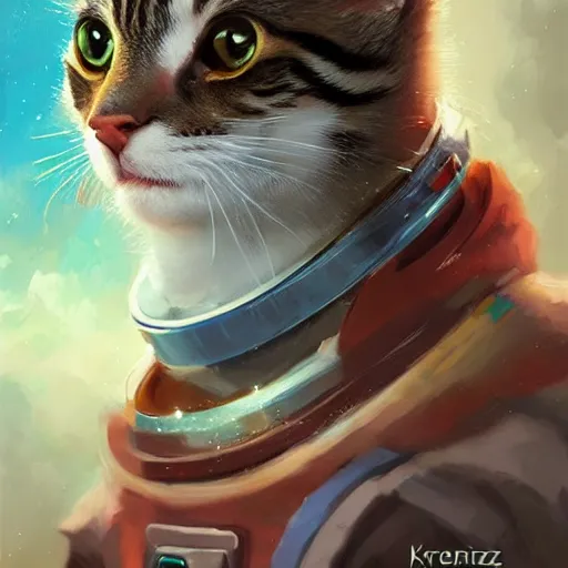 Image similar to head and shoulders masterpiece portrait of a cute adorable cat wearing a spacesuit, surreal background, digital art by krenz cushart, trending on artstation, cgsociety,