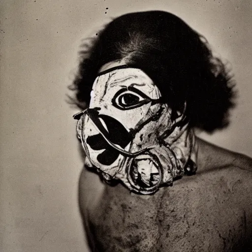 Image similar to photo of ugly brutal animal face mask muscular cultist by Diane Arbus and Louis Daguerre