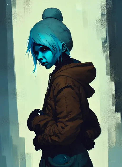 Prompt: highly detailed portrait of a sewer punk swedish lady, hoodie, white hair by atey ghailan, by greg rutkowski, by greg tocchini, by james gilleard, by joe fenton, by kaethe butcher, gradient blue, black, brown and cyan color scheme, grunge aesthetic!!! ( ( graffiti tag wall background ) )