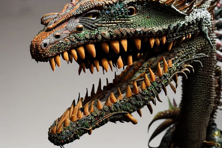 Image similar to photo taken of an epic intricate, ultra detailed, super realistic gritty, hero prop, exquisitely weathered animatronic movie prop of a lifelike sculpture of a quetzalcoatl dragon snake creature displayed in the workshop, created by weta workshop, full body shot, photorealistic, sharp focus