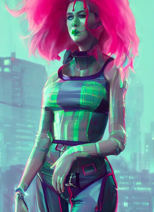 Prompt: cyberpunk woman with green hair wearing futuristic clothes and a red plaid miniskirt, synthwave aesthetic, character portrait, by wlop, by artgerm, by james gilleard, digital art, matter art, octane render, lineart, pop art