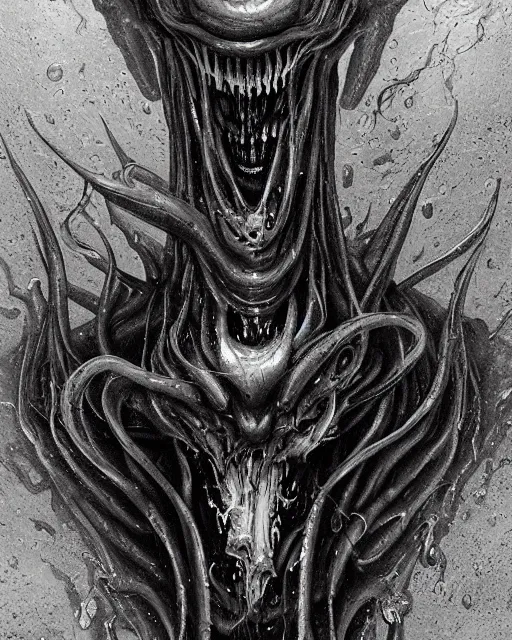 Image similar to Haunting horrifying detailed painting of a tall skinny extraterrestrial squid monster made of gelatinous fluid, floating teeth and bloodshot eyeballs, hyper detailed, trending on Artstation