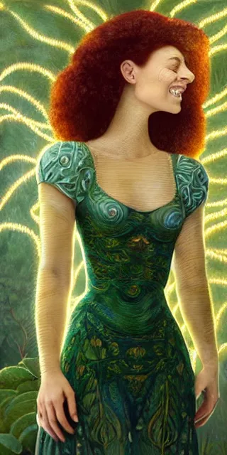 Image similar to fit woman, serene smile surrounded by golden firefly lights, amidst nature fully covered by a intricate detailed dress, long red hair, precise linework, accurate green eyes, small nose with freckles, smooth oval shape face, empathic, expressive emotions, spiritual scene, hyper realistic ultrafine art by artemisia gentileschi, jessica rossier, boris vallejo