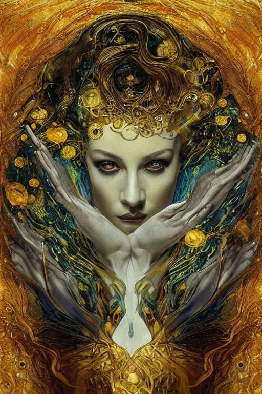 Image similar to Intermittent Chance of Chaos Muse by Karol Bak, Jean Deville, Gustav Klimt, and Vincent Van Gogh, beautiful portrait of Rebirth, Loki's Pet Project, Poe's Angel, Surreality, inspiration, imagination, muse, otherworldly, fractal structures, arcane, ornate gilded medieval icon, third eye, spirals