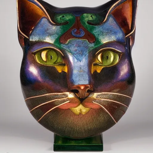 Prompt: cloisonne cat head sculpture, by annie swynnerton and diego rivera and nicholas roerich and jean delville, symbolist, dramatic lighting, god rays, art brut, rich colors, smooth, sharp focus, extremely detailed, adolf wolfli and ( donato giancola and bilibin )