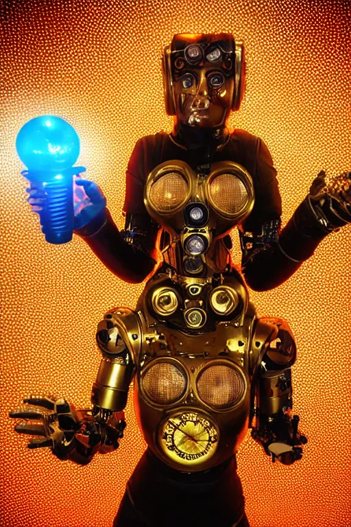 Prompt: portrait photo of a giant huge golden and blue metal humanoid steampunk cyborg female with a human face singing with mouth open and gears and tubes, in the foreground is a big red glowing microphone, eyes are glowing red lightbulbs, shiny crisp finish, 3 d render, 8 k, insaneley detailed, fluorescent colors, background is multicolored lasershow