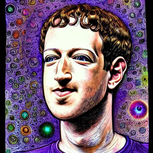 Prompt: the inner self of mark zuckerberg, clockwork engine, psychedelic, lsd, spiritual, mystical, epic beautifully detailed pen, ink and copic markers drawing by milo manara